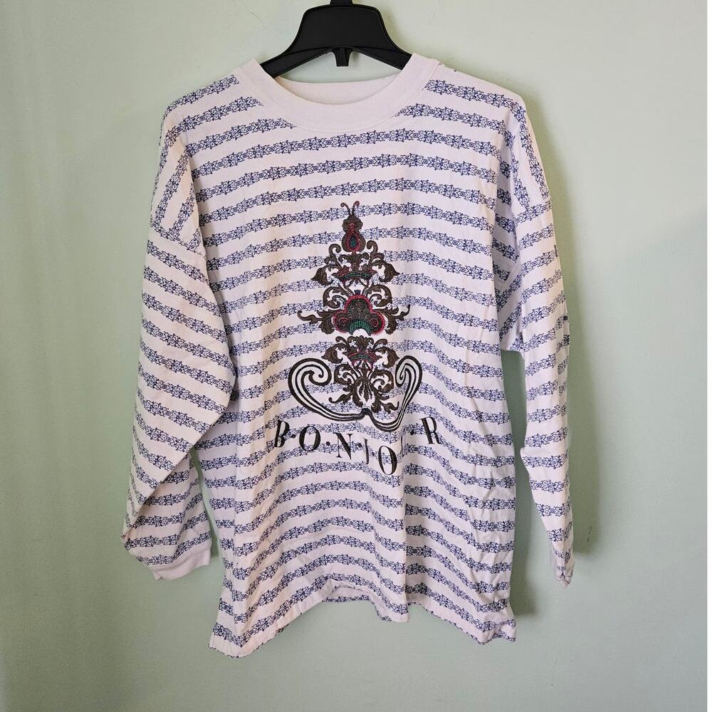 Vintage Bonjour International 80s Fleur-De-Lis Print Logo Cotton Sweatshirt